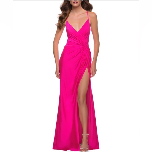 La Femme Strappy Back Jersey Gown SZ 4 Women Hot Pink Deep V Neck Wedding Guest - Picture 2 of 14
